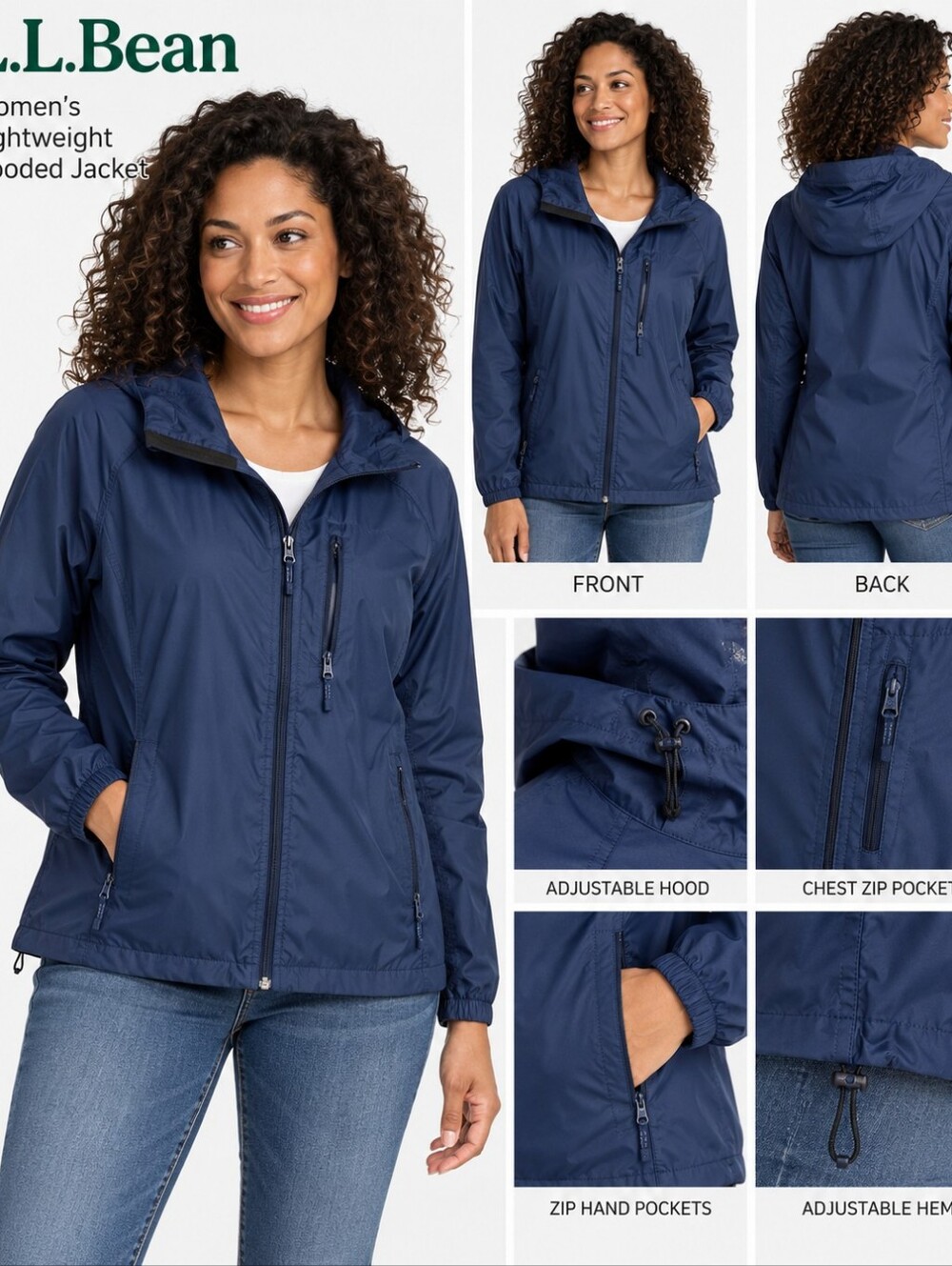 LL Bean Womens Waterproof Windbreaker Jacket Size Large Regular Navy Blue Hooded